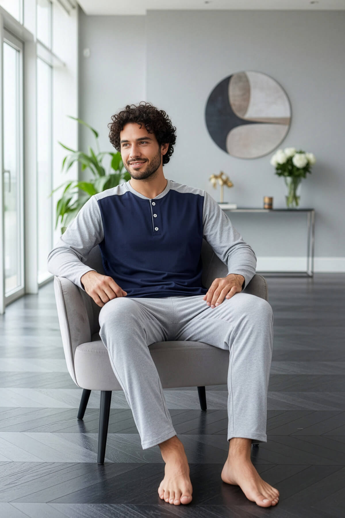 Gri Lacivert Stylish Erkek Uzun Kol Pijama Takımı - Pijamaevi (3)