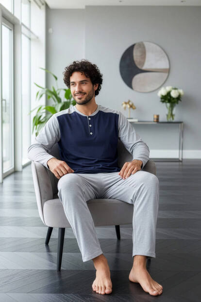 Gri Lacivert Stylish Erkek Uzun Kol Pijama Takımı - 4