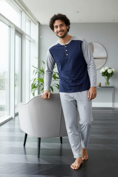Gri Lacivert Stylish Erkek Uzun Kol Pijama Takımı - 5