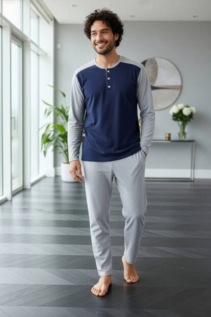 Gri Lacivert Stylish Erkek Uzun Kol Pijama Takımı - 6