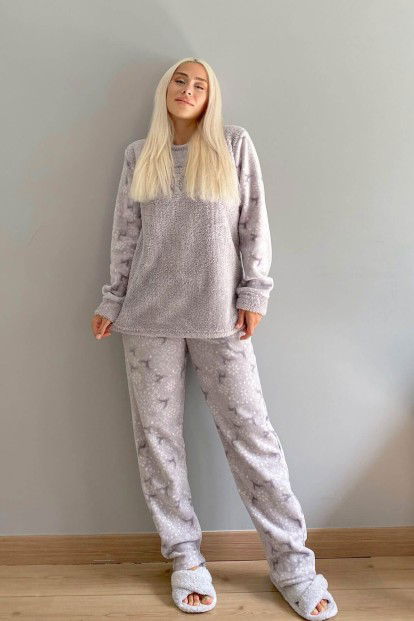 Gri Let it Snow Desenli Kadın Peluş Pijama Takımı - 6