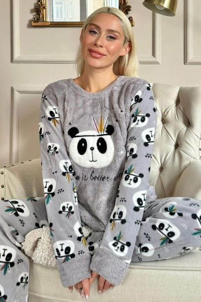 Gri Life Panda Desenli Kadın Peluş Pijama Takımı 