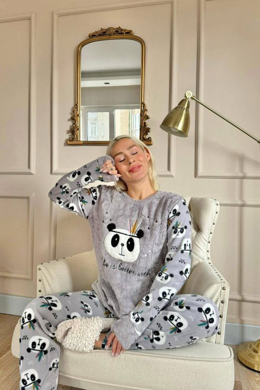 Gri Life Panda Desenli Kadın Peluş Pijama Takımı - Pijamaevi (1)