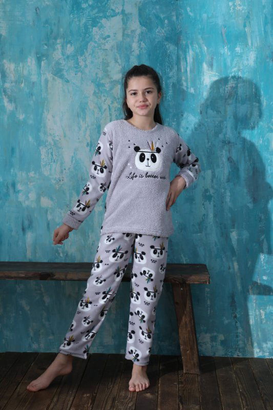 Gri Life Panda Desenli Kız Çocuk Peluş Pijama Takımı - Pijamaevi (3)