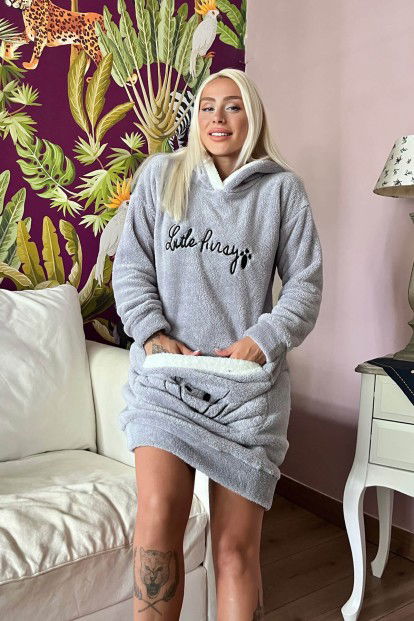 Gri Little Desenli Kapşonlu Tam Peluş Tunik Panço Pijama - 4