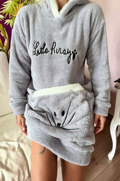 Gri Little Desenli Kapşonlu Tam Peluş Tunik Panço Pijama - 5