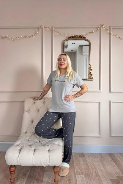 Gri Love Desenli Bambu Kısa Kol Kadın Pijama Takımı - 6