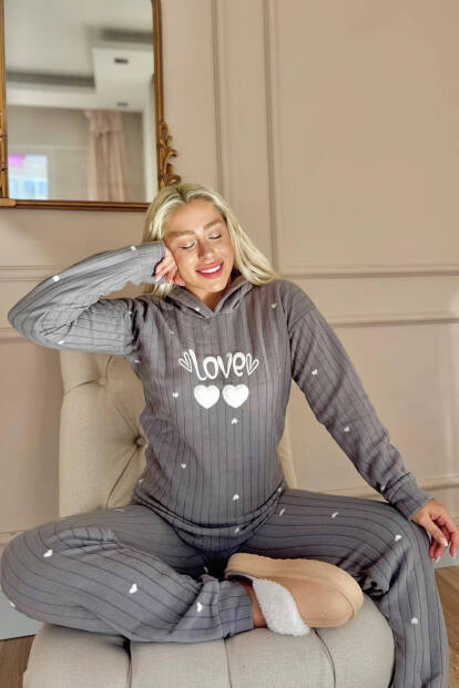 Gri Love Desenli Kapşonlu Peluş Polar Pijama Takımı - 3
