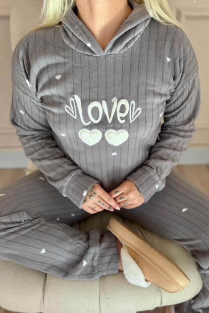 Gri Love Desenli Kapşonlu Peluş Polar Pijama Takımı - 5