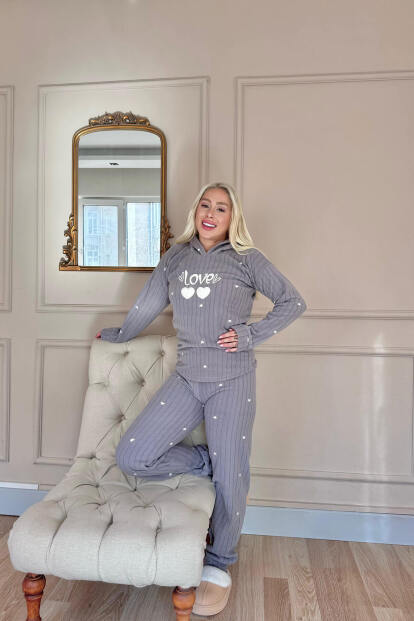 Gri Love Desenli Kapşonlu Peluş Polar Pijama Takımı - 6