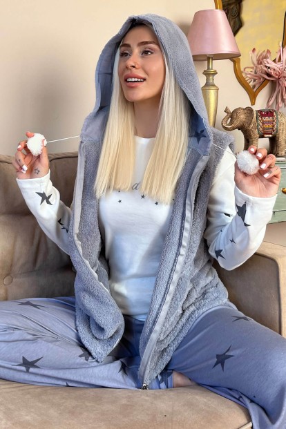 Gri Made of Star Desenli Peluş Yelekli Kadın Pijama Takımı - 1
