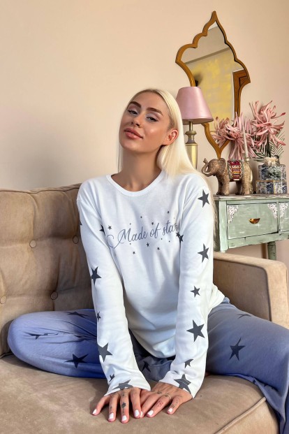 Gri Made of Star Desenli Peluş Yelekli Kadın Pijama Takımı - 2