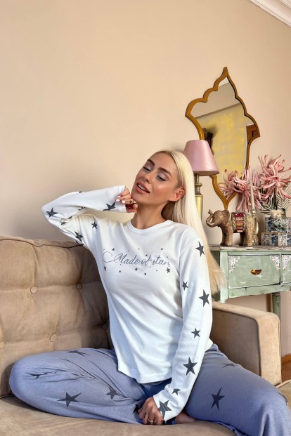 Gri Made of Star Desenli Peluş Yelekli Kadın Pijama Takımı - 3