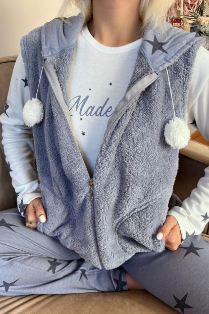 Gri Made of Star Desenli Peluş Yelekli Kadın Pijama Takımı - 4