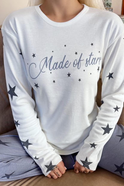 Gri Made of Star Desenli Peluş Yelekli Kadın Pijama Takımı - 5