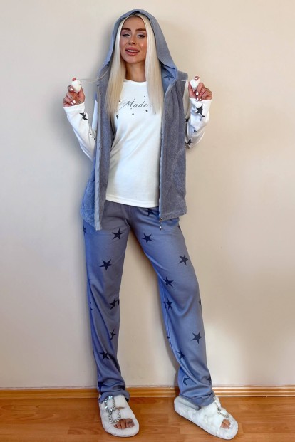 Gri Made of Star Desenli Peluş Yelekli Kadın Pijama Takımı - 6