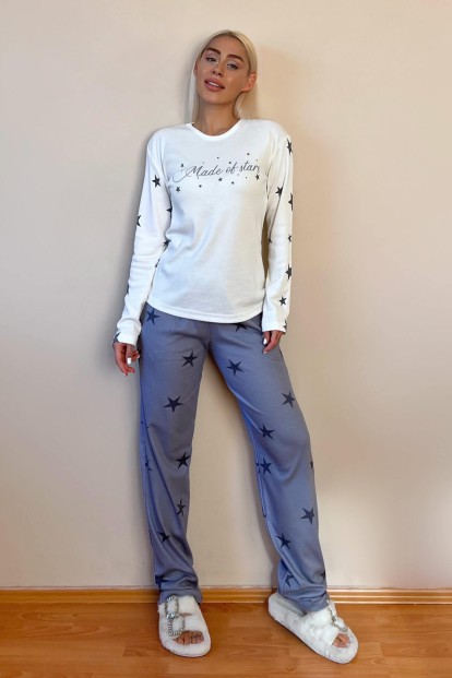 Gri Made of Star Desenli Peluş Yelekli Kadın Pijama Takımı - 7