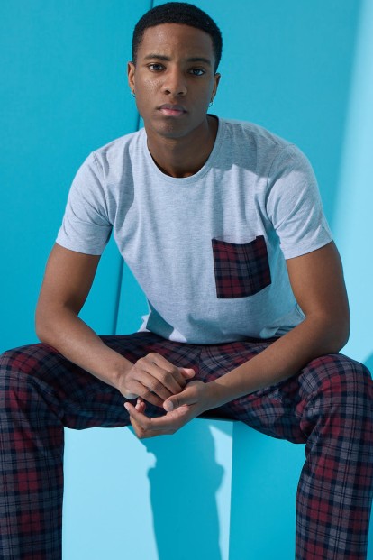 Gri Many Square Ekose Desenli Kısa Kollu Erkek Pijama Takımı - 1