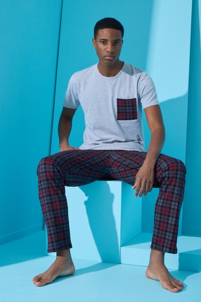 Gri Many Square Ekose Desenli Kısa Kollu Erkek Pijama Takımı - 2