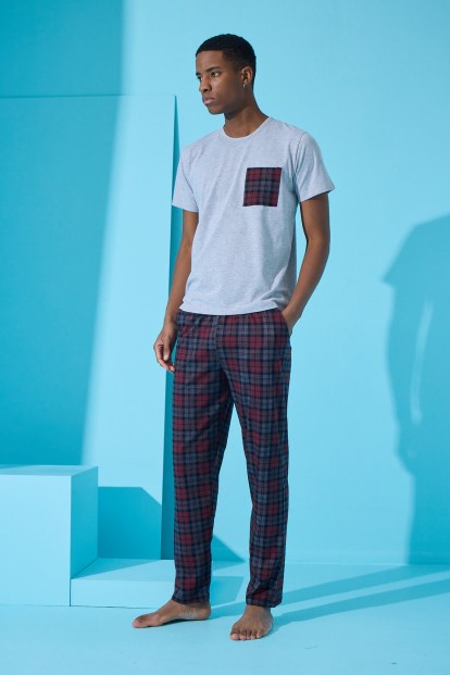 Gri Many Square Ekose Desenli Kısa Kollu Erkek Pijama Takımı - 3