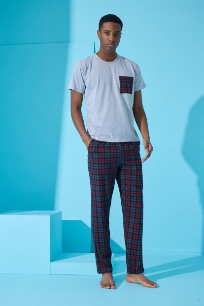 Gri Many Square Ekose Desenli Kısa Kollu Erkek Pijama Takımı - 4