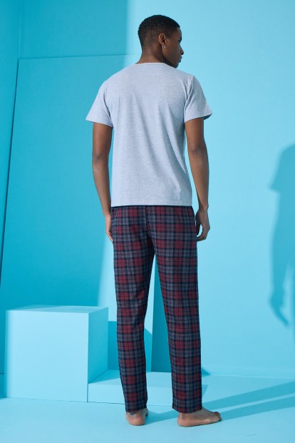 Gri Many Square Ekose Desenli Kısa Kollu Erkek Pijama Takımı - 5