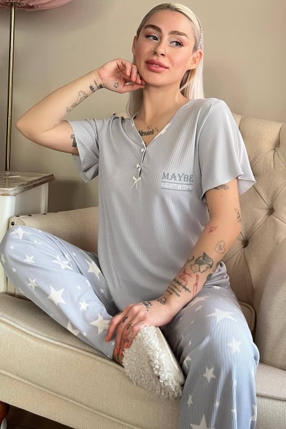 Gri Maybe Next Time Baskılı Örme Patlı Kısa Kol Kadın Pijama - 1