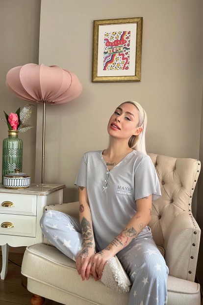 Gri Maybe Next Time Baskılı Örme Patlı Kısa Kol Kadın Pijama - 2