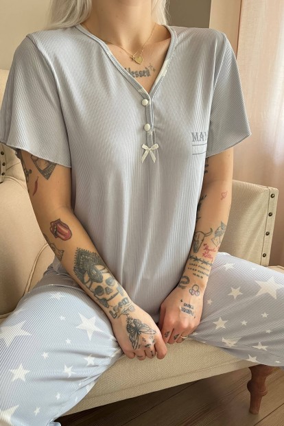 Gri Maybe Next Time Baskılı Örme Patlı Kısa Kol Kadın Pijama - 4