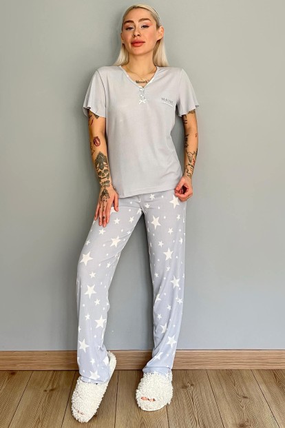 Gri Maybe Next Time Baskılı Örme Patlı Kısa Kol Kadın Pijama - 5
