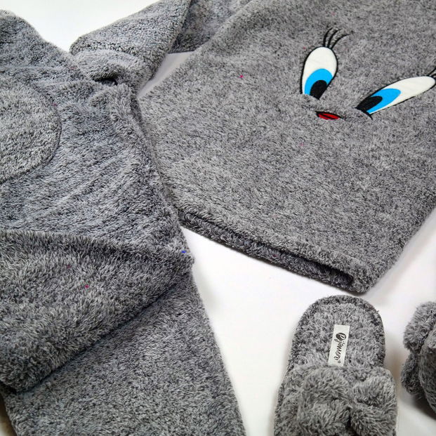 Gri Melanj Tweety Peluş Pijama Takımı - 1