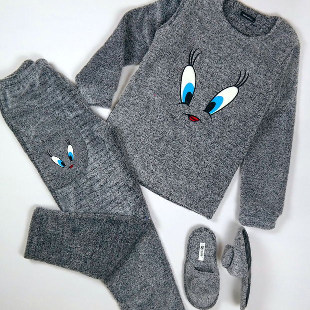 Gri Melanj Tweety Peluş Pijama Takımı - 2