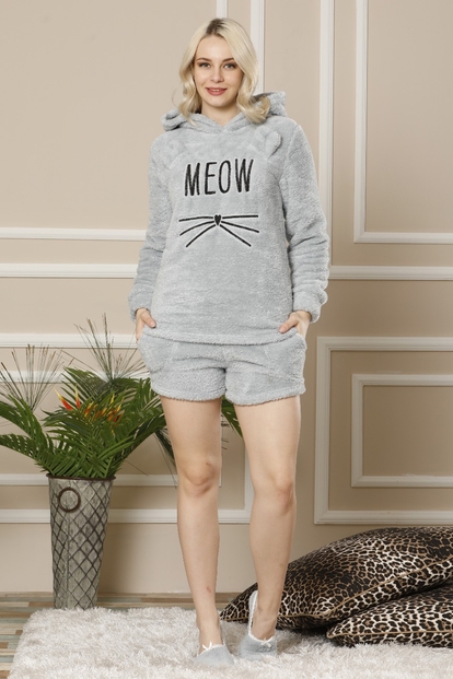 Gri Meow Desenli Şortlu Tam Peluş Pijama Takımı - 2