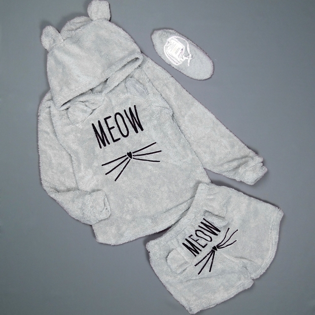 Gri Meow Desenli Şortlu Tam Peluş Pijama Takımı - 3