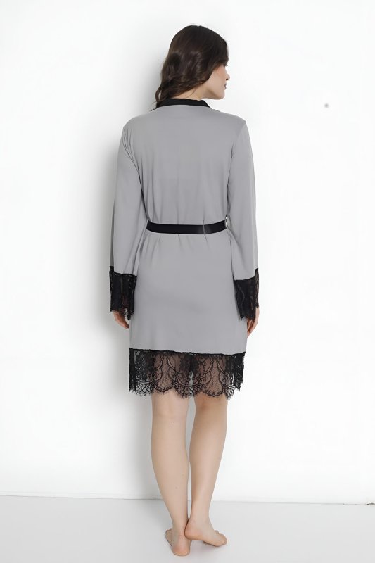 Gri Milan Dantel Detaylı Örme Bambu Kadın Sabahlık - Pijamaevi (2)