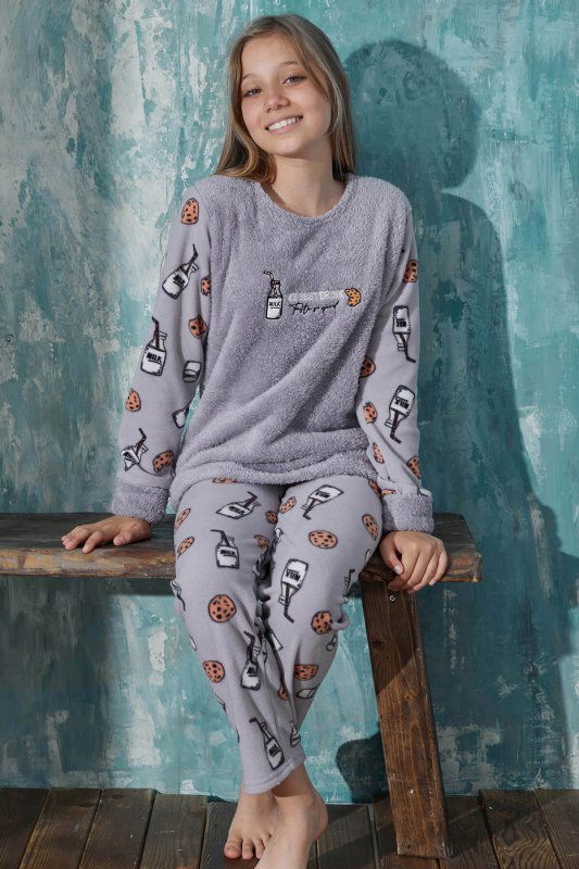 Gri Milk Desenli Kız Çocuk Peluş Pijama Takımı - Pijamaevi