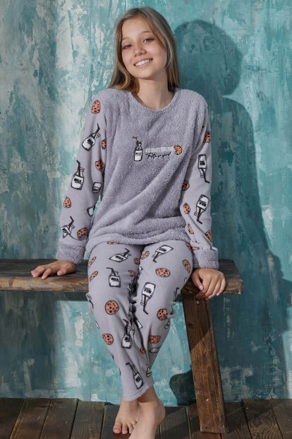 Gri Milk Desenli Kız Çocuk Peluş Pijama Takımı - 6