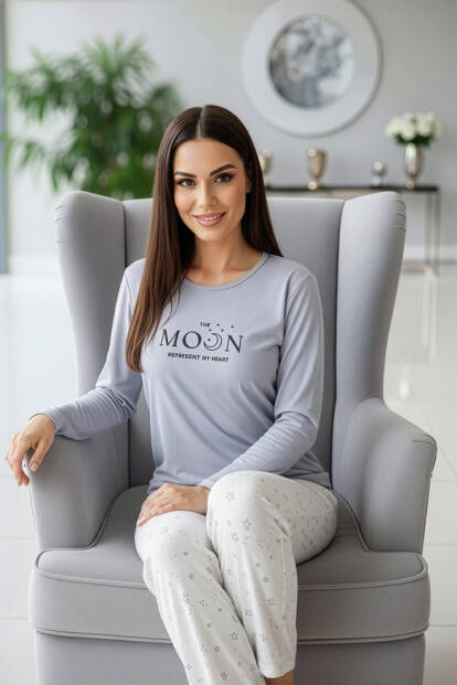 Gri Moon Desenli Uzun Kollu Bambu Örme Kadın Pijama Takımı - 2