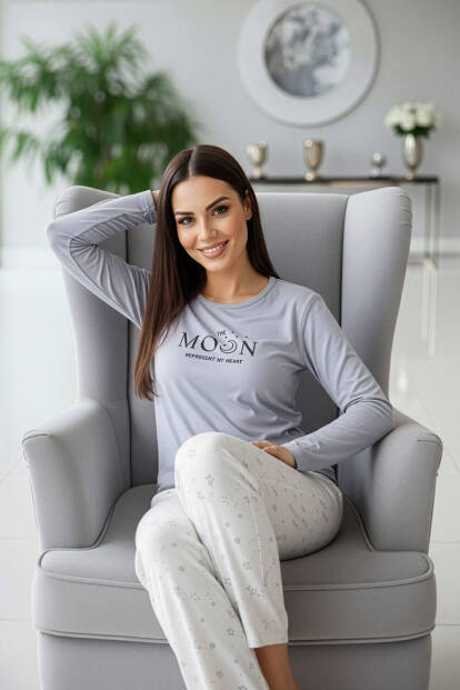 Gri Moon Desenli Uzun Kollu Bambu Örme Kadın Pijama Takımı - 3