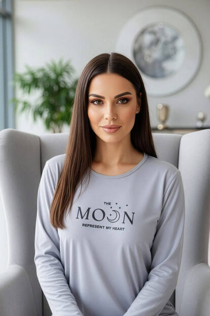Gri Moon Desenli Uzun Kollu Bambu Örme Kadın Pijama Takımı - 4
