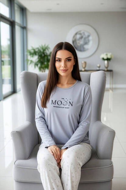 Gri Moon Desenli Uzun Kollu Bambu Örme Kadın Pijama Takımı - 5