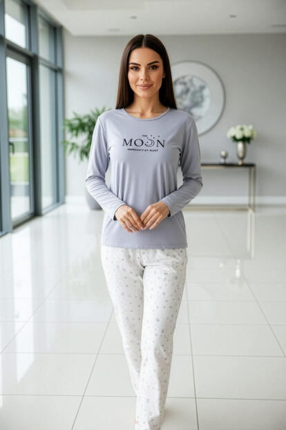 Gri Moon Desenli Uzun Kollu Bambu Örme Kadın Pijama Takımı - 6