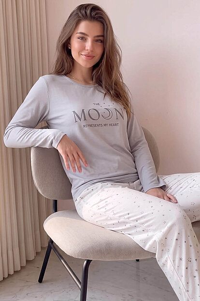 Gri Moon Desenli Uzun Kollu Bambu Örme Kadın Pijama Takımı 