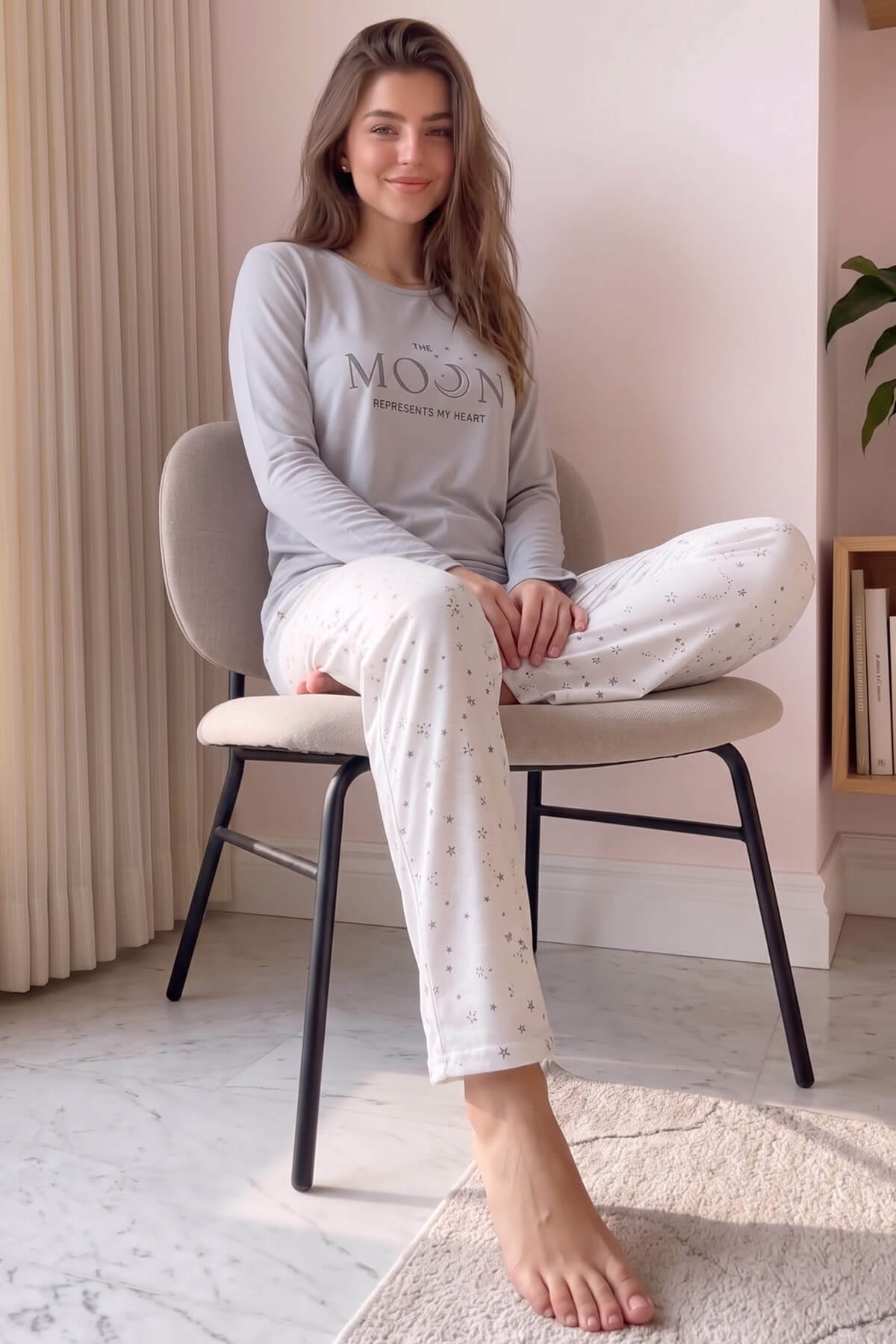 Gri Moon Desenli Uzun Kollu Bambu Örme Kadın Pijama Takımı - Pijamaevi (2)