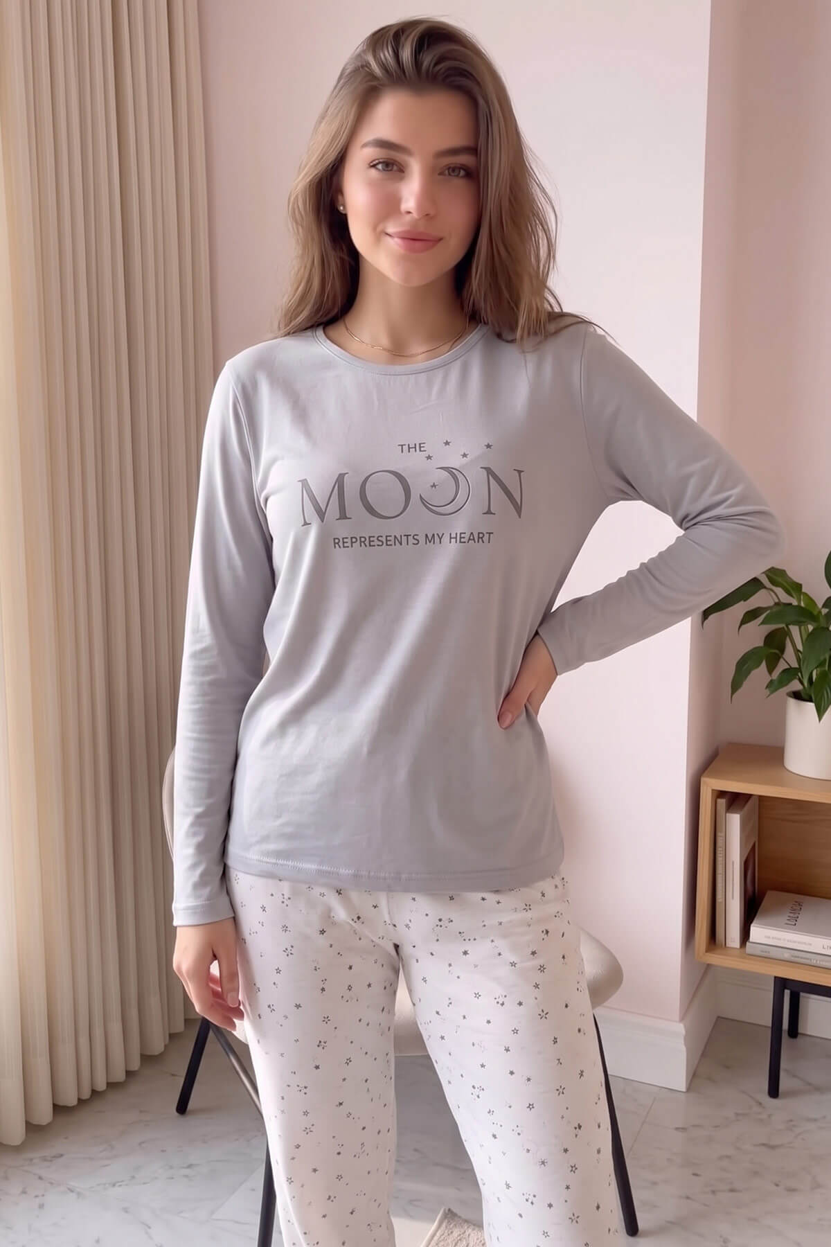 Gri Moon Desenli Uzun Kollu Bambu Örme Kadın Pijama Takımı - Pijamaevi (3)