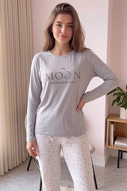 Gri Moon Desenli Uzun Kollu Bambu Örme Kadın Pijama Takımı - 4