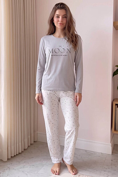 Gri Moon Desenli Uzun Kollu Bambu Örme Kadın Pijama Takımı - 5
