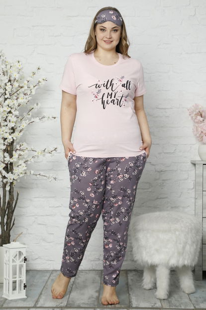 Gri My Heart Desenli Kısa Kollu Büyük Beden Battal Pijama Takımı - 1