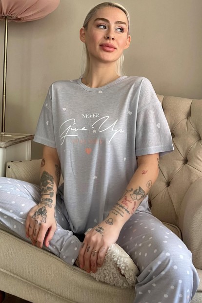 Gri Never Give Up Baskılı Örme Kısa Kollu Kadın Pijama Takımı - 1