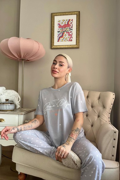 Gri Never Give Up Baskılı Örme Kısa Kollu Kadın Pijama Takımı - 3